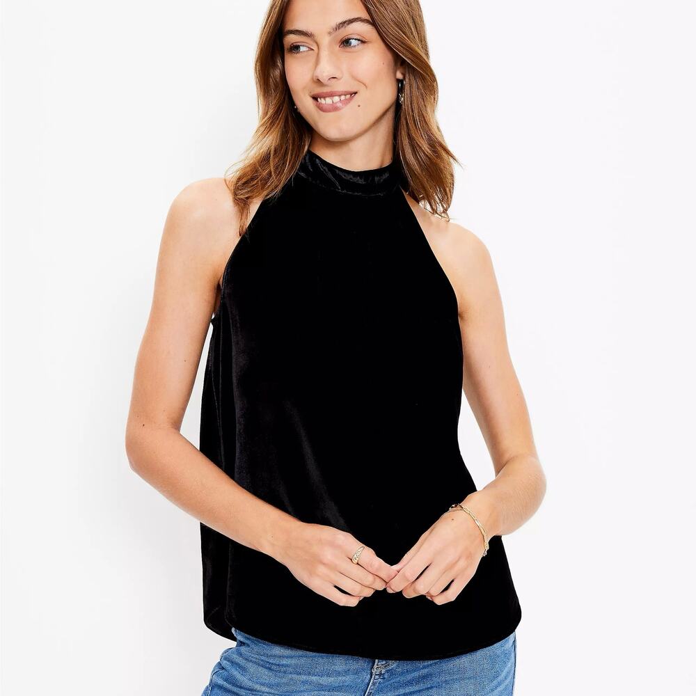 Ann Taylor LOFT MEDIUM Navy Blue Velvet High-Neck Sleeveless Halter Top NWT
